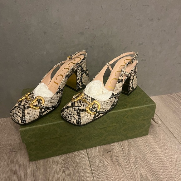 Gucci Shoes Gucci Gg Women Midheel Slingback Horsebit Python Print